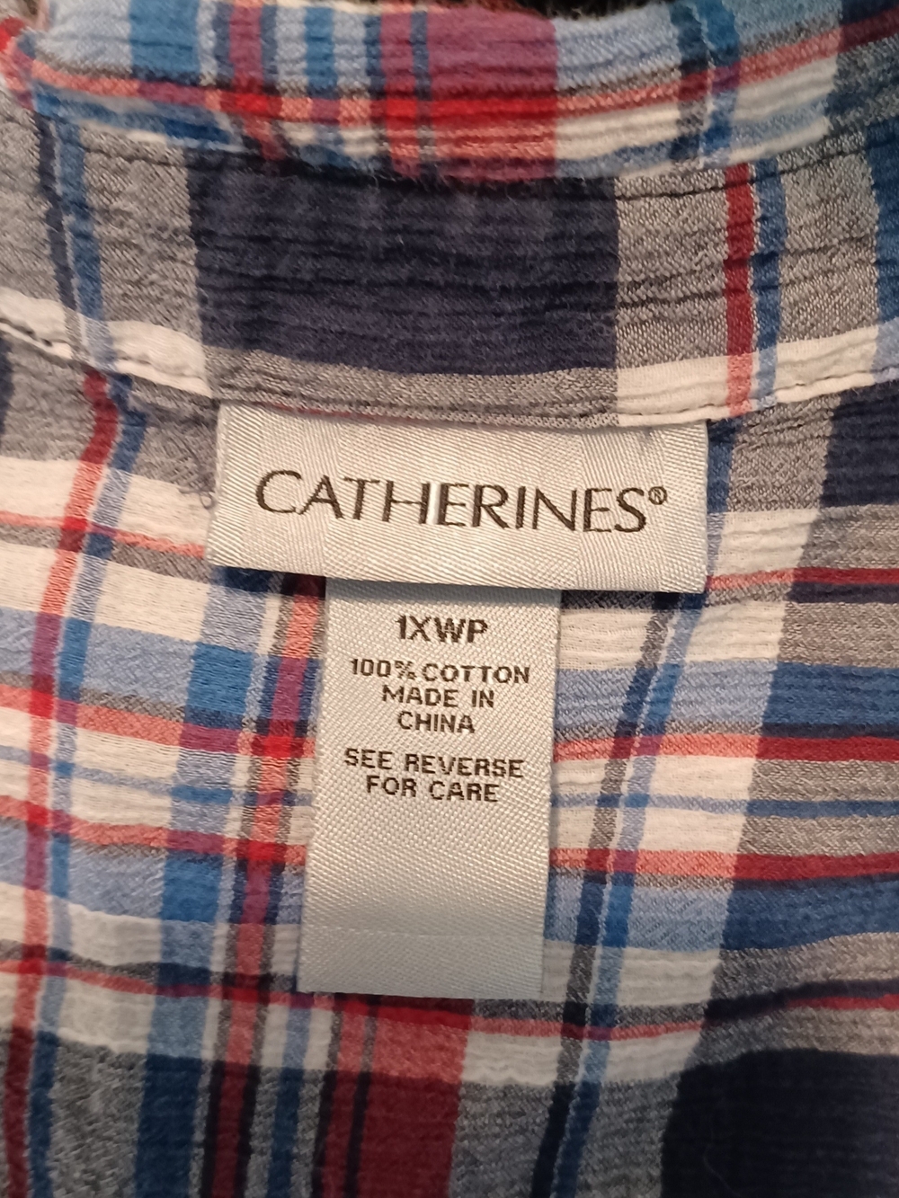 Catherines Red, Navy & Light Blue Plaid Button-Up Utility Shirt Blouse - Picture 10 of 12